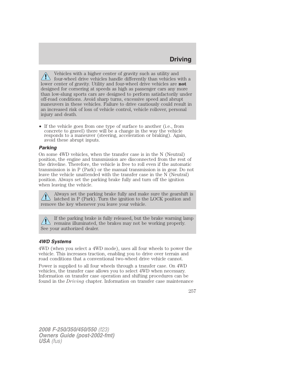 Parking, 4wd systems, Driving | FORD 2008 F-550 v.1 User Manual | Page 257 / 368