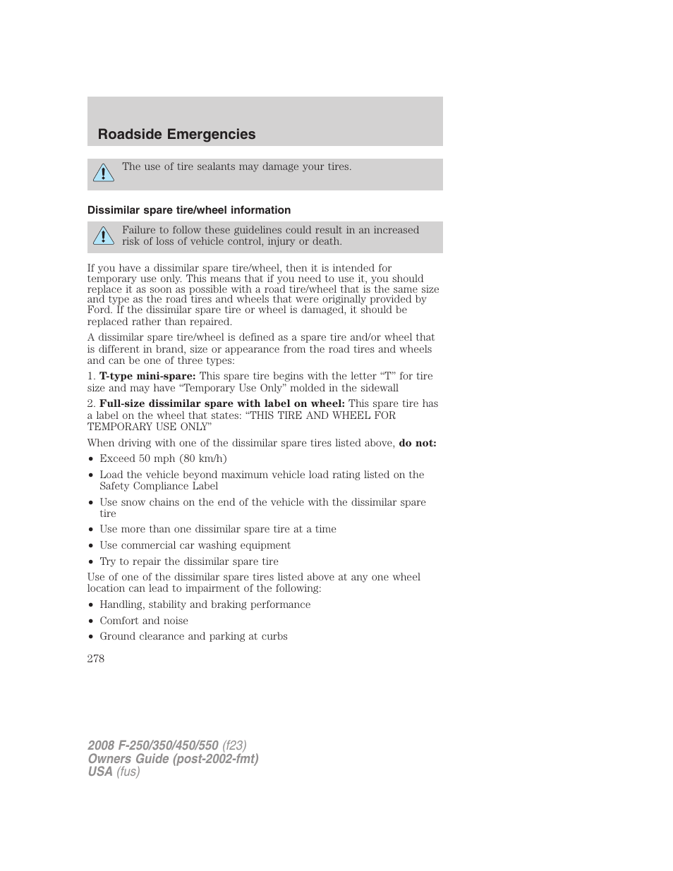 Dissimilar spare tire/wheel information, Roadside emergencies | FORD 2008 F-550 v.1 User Manual | Page 278 / 368