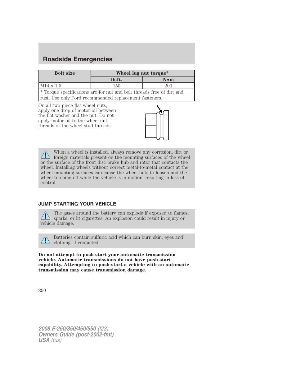 Jump starting your vehicle, Jump starting, Roadside emergencies | FORD 2008 F-550 v.1 User Manual | Page 290 / 368