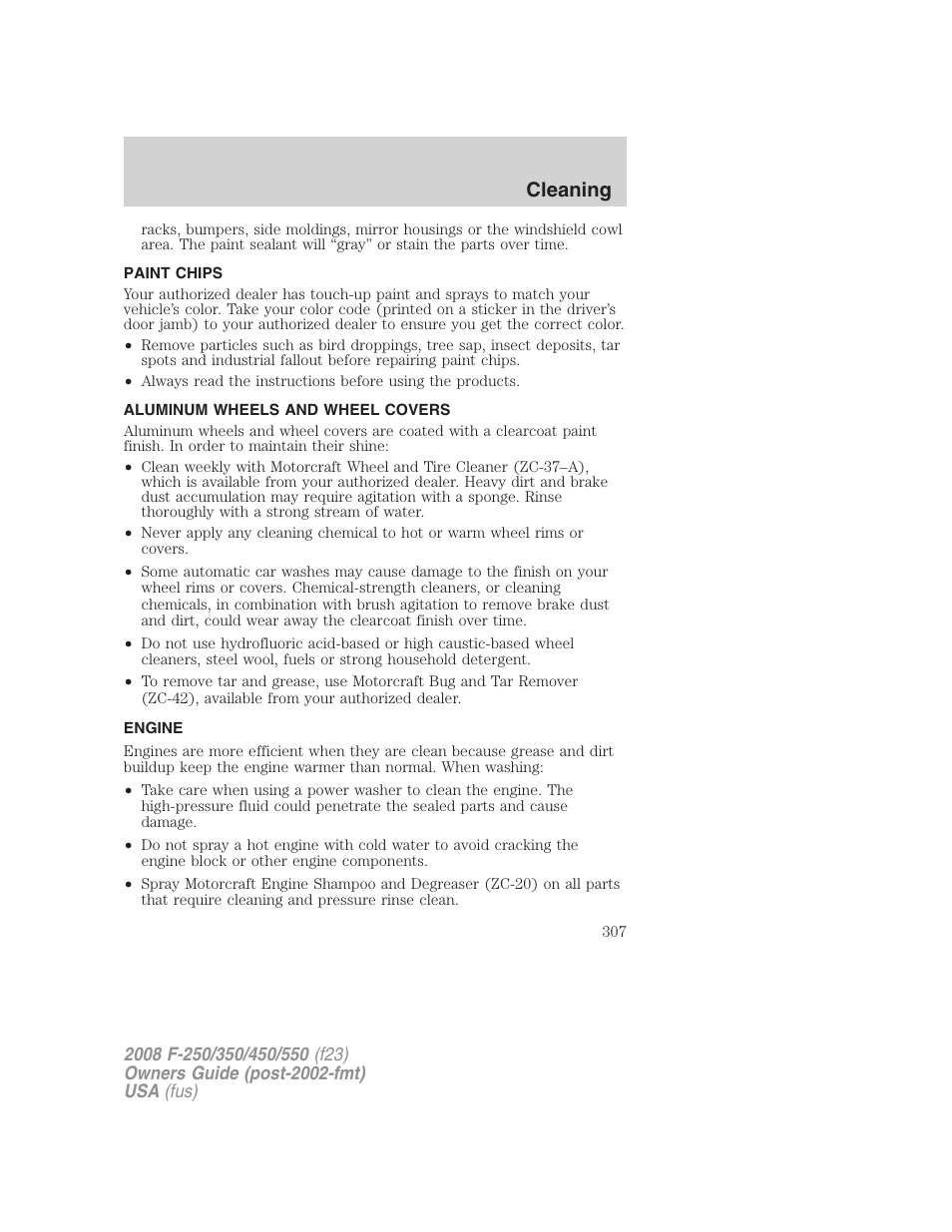 Paint chips, Aluminum wheels and wheel covers, Engine | Cleaning | FORD 2008 F-550 v.1 User Manual | Page 307 / 368