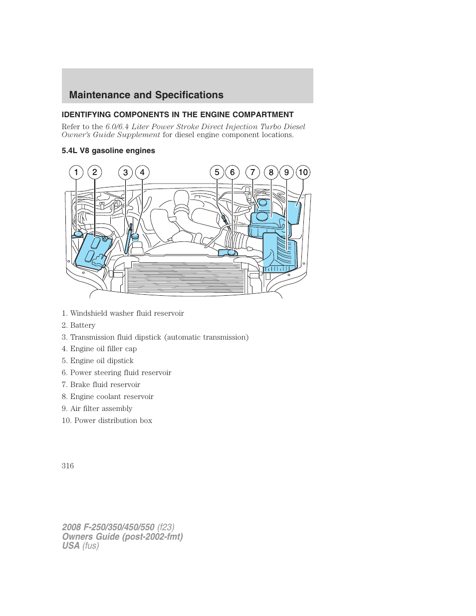 Identifying components in the engine compartment, 4l v8 gasoline engines, Engine compartment | Maintenance and specifications | FORD 2008 F-550 v.1 User Manual | Page 316 / 368