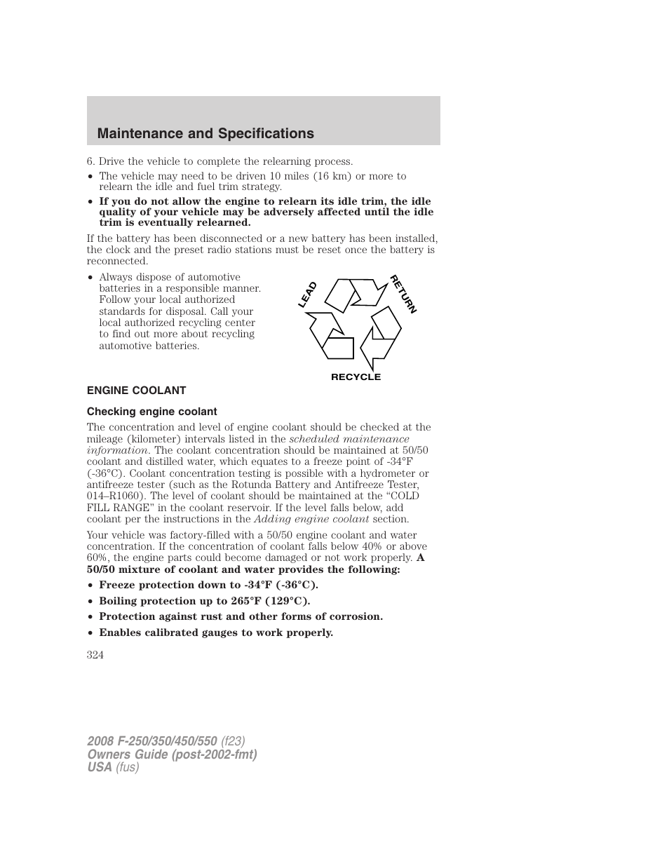 Engine coolant, Checking engine coolant, Maintenance and specifications | FORD 2008 F-550 v.1 User Manual | Page 324 / 368