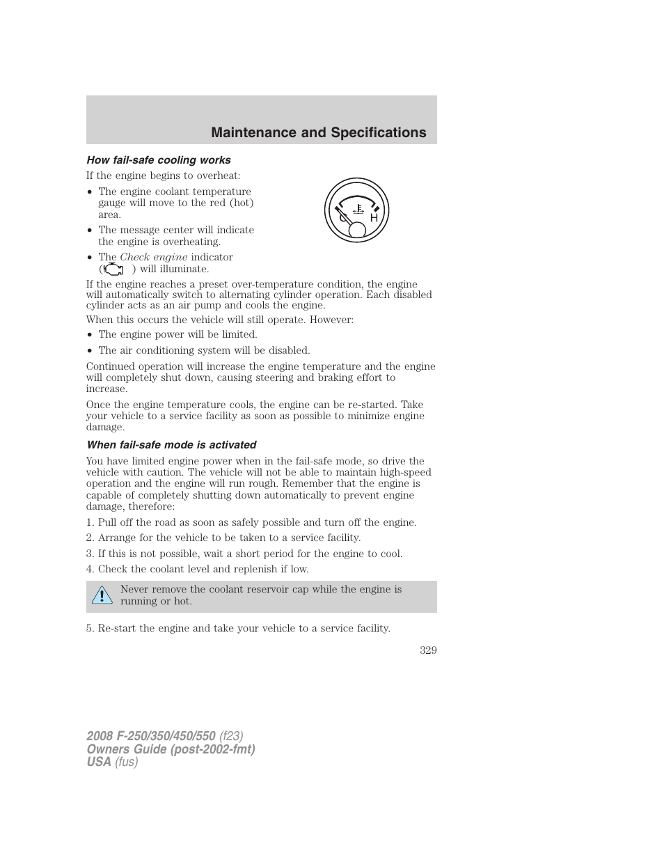 How fail-safe cooling works, When fail-safe mode is activated, Maintenance and specifications | FORD 2008 F-550 v.1 User Manual | Page 329 / 368