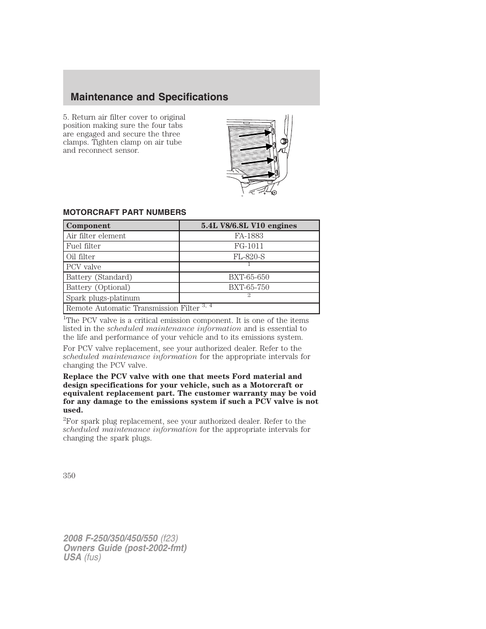 Motorcraft part numbers, Part numbers, Maintenance and specifications | FORD 2008 F-550 v.1 User Manual | Page 350 / 368