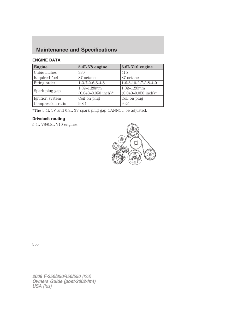 Engine data, Drivebelt routing, Maintenance and specifications | FORD 2008 F-550 v.1 User Manual | Page 356 / 368