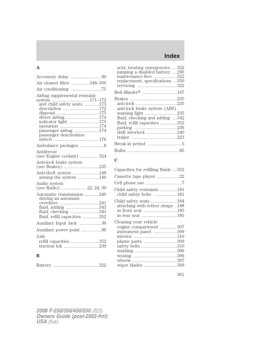 Index | FORD 2008 F-550 v.1 User Manual | Page 361 / 368