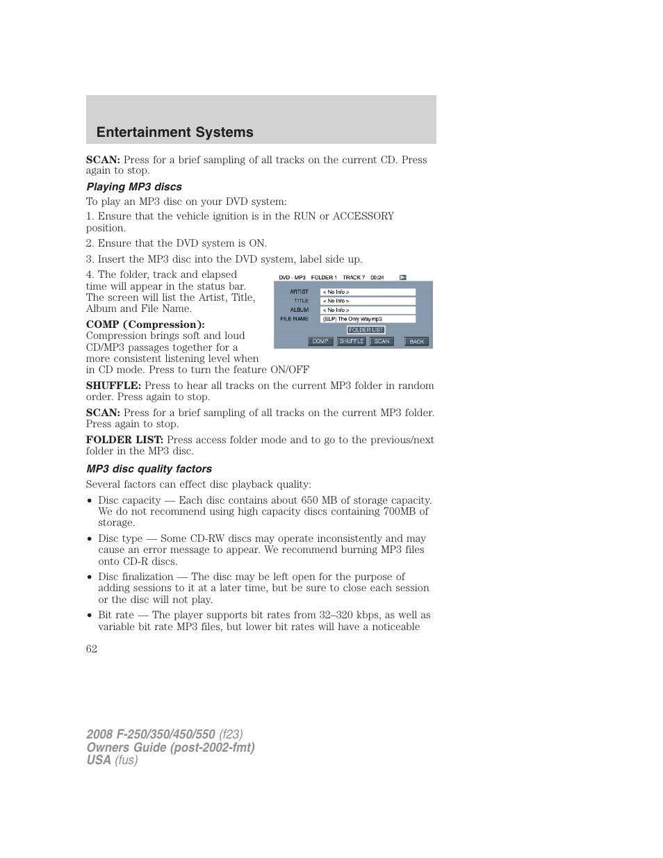 Playing mp3 discs, Mp3 disc quality factors, Entertainment systems | FORD 2008 F-550 v.1 User Manual | Page 62 / 368