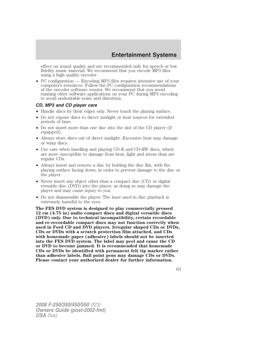 Cd, mp3 and cd player care, Entertainment systems | FORD 2008 F-550 v.1 User Manual | Page 63 / 368