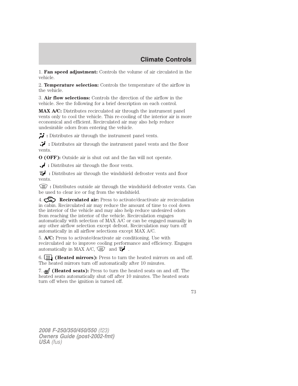 Climate controls | FORD 2008 F-550 v.1 User Manual | Page 73 / 368