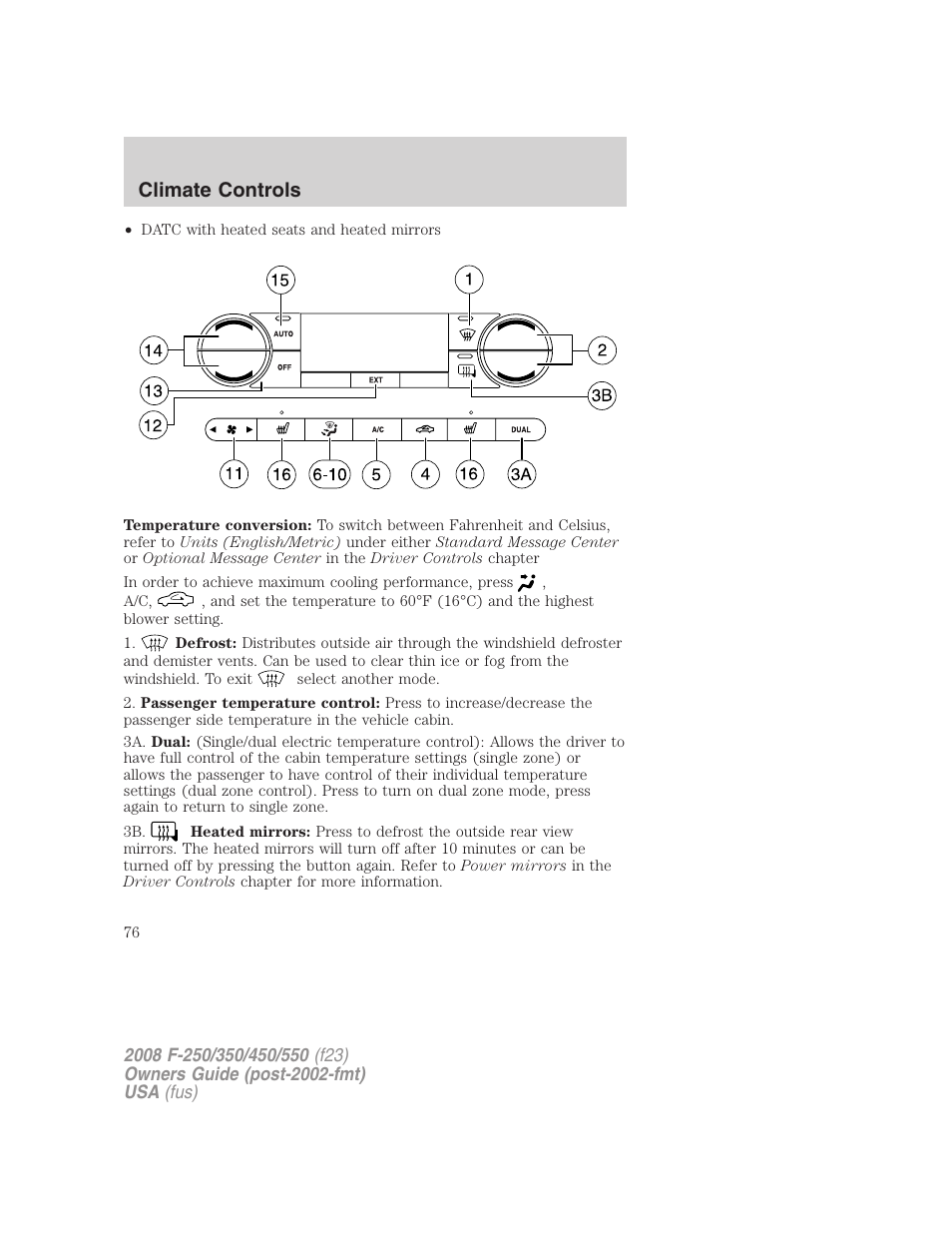 Climate controls | FORD 2008 F-550 v.1 User Manual | Page 76 / 368