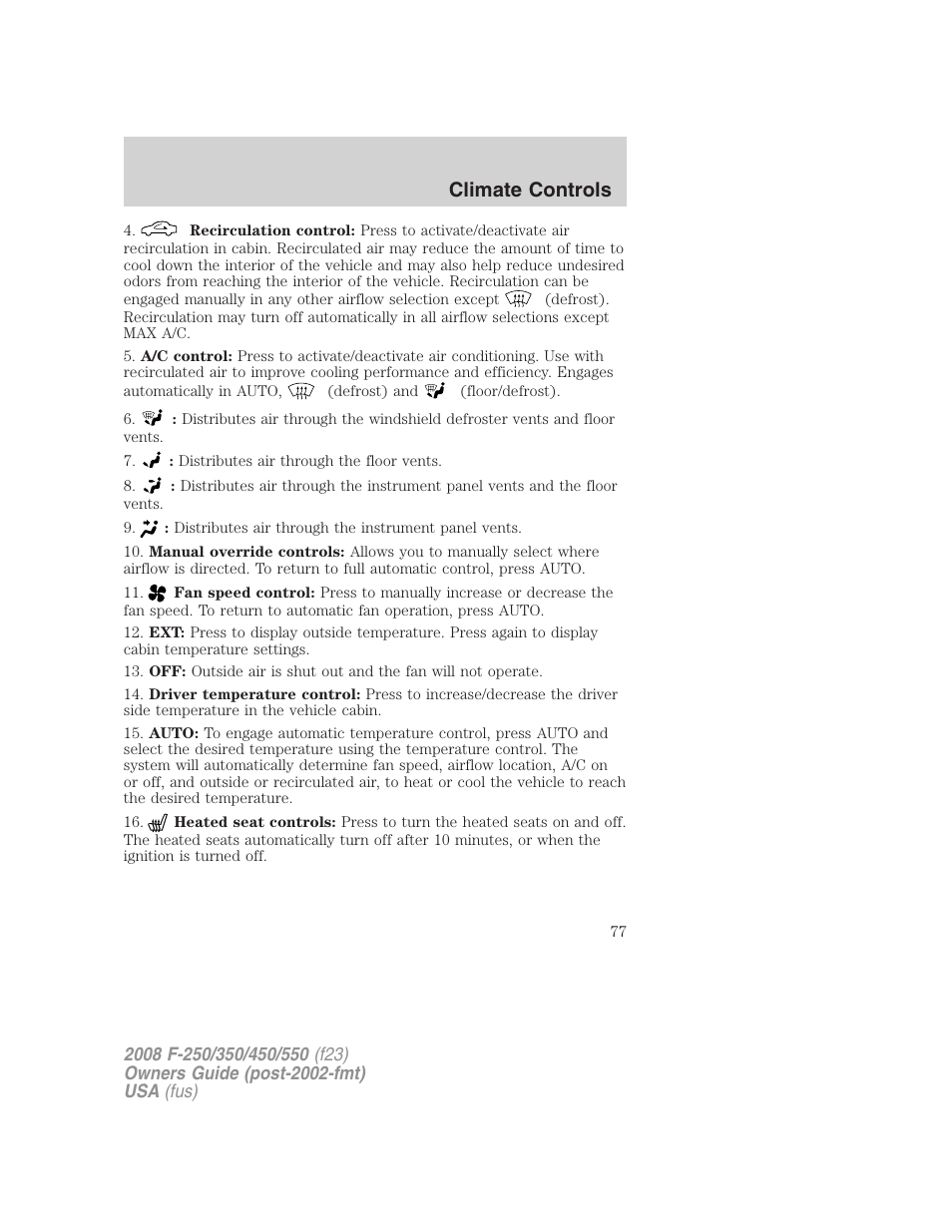 Climate controls | FORD 2008 F-550 v.1 User Manual | Page 77 / 368