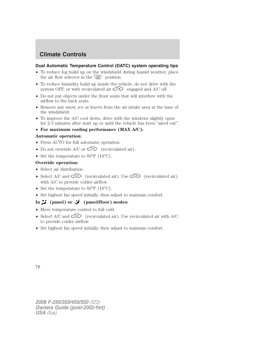 Climate controls | FORD 2008 F-550 v.1 User Manual | Page 78 / 368