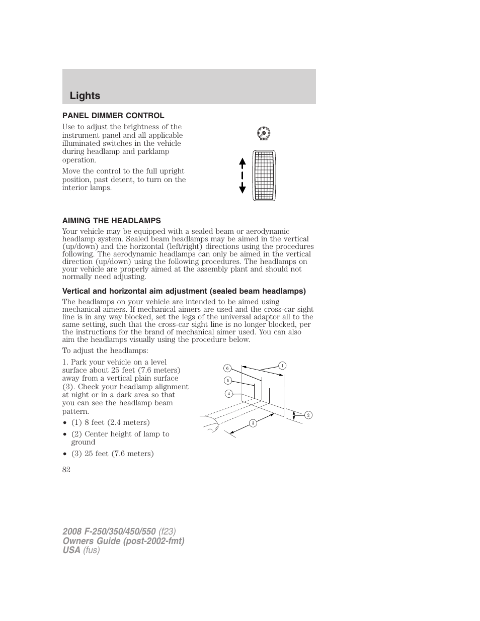 Panel dimmer control, Aiming the headlamps, Lights | FORD 2008 F-550 v.1 User Manual | Page 82 / 368