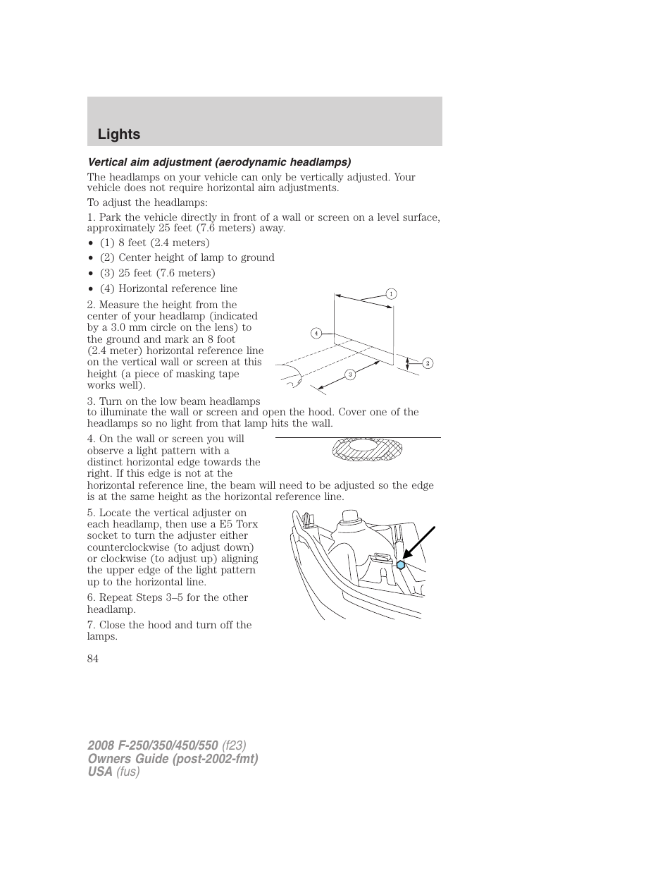 Vertical aim adjustment (aerodynamic headlamps), Lights | FORD 2008 F-550 v.1 User Manual | Page 84 / 368