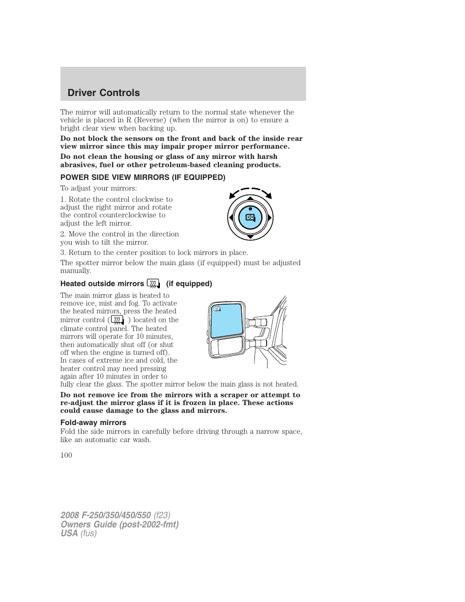 Power side view mirrors (if equipped), Heated outside mirrors (if equipped), Fold-away mirrors | Driver controls | FORD 2008 F-550 v.2 User Manual | Page 100 / 368