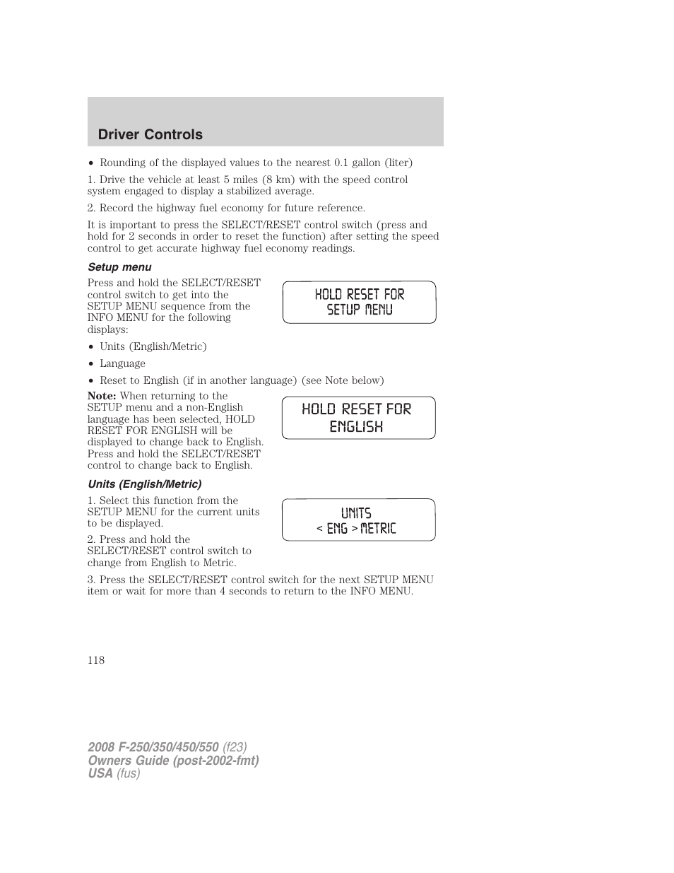 Setup menu, Units (english/metric), Driver controls | FORD 2008 F-550 v.2 User Manual | Page 118 / 368