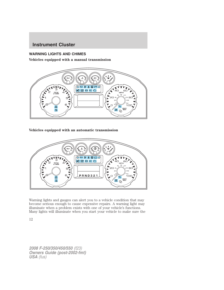 Instrument cluster, Warning lights and chimes | FORD 2008 F-550 v.2 User Manual | Page 12 / 368