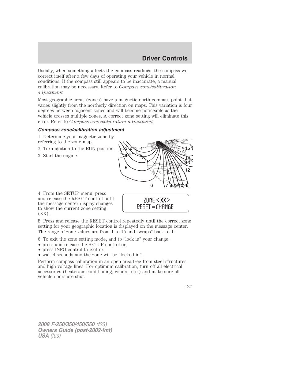 Compass zone/calibration adjustment, Driver controls | FORD 2008 F-550 v.2 User Manual | Page 127 / 368