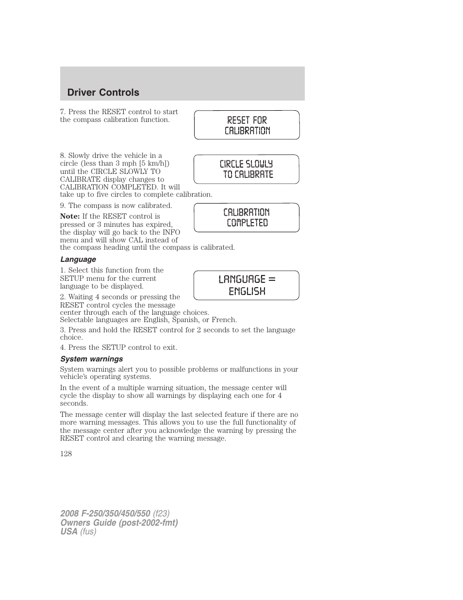 Language, System warnings, Driver controls | FORD 2008 F-550 v.2 User Manual | Page 128 / 368