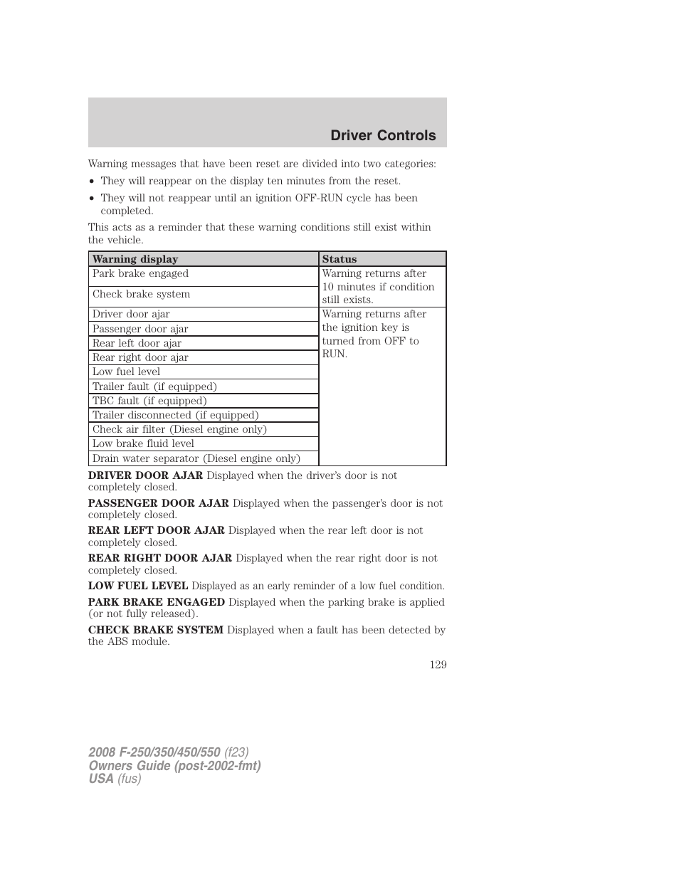 Driver controls | FORD 2008 F-550 v.2 User Manual | Page 129 / 368