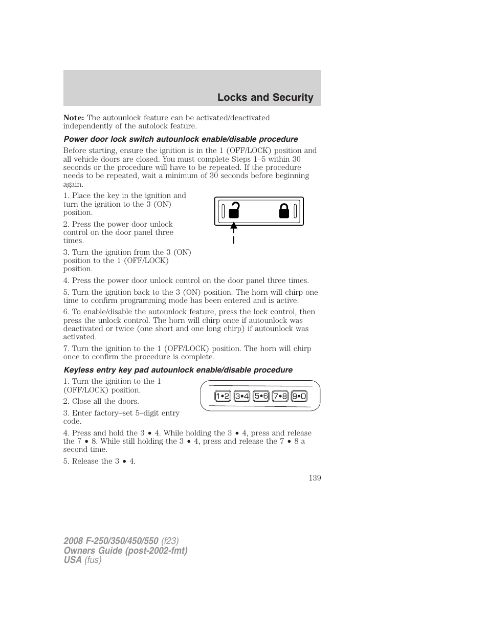 Locks and security | FORD 2008 F-550 v.2 User Manual | Page 139 / 368