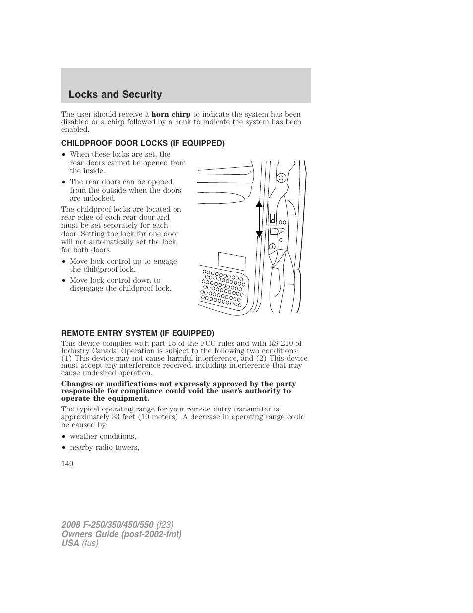 Childproof door locks (if equipped), Remote entry system (if equipped), Locks and security | FORD 2008 F-550 v.2 User Manual | Page 140 / 368