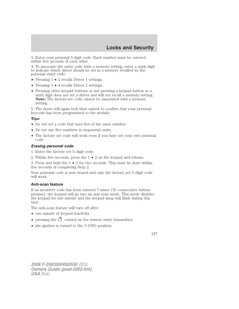 Erasing personal code, Anti-scan feature, Locks and security | FORD 2008 F-550 v.2 User Manual | Page 147 / 368