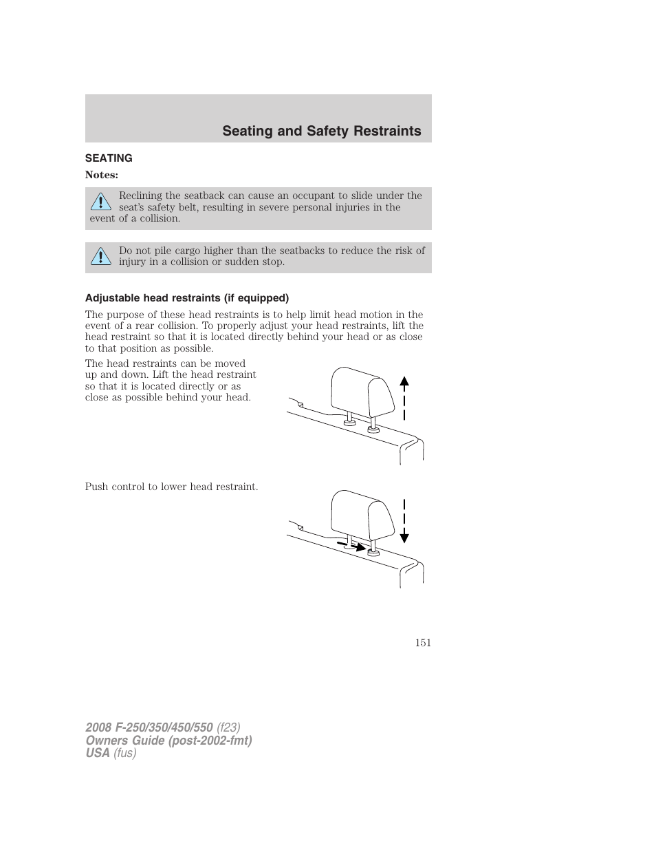 Seating and safety restraints, Seating, Adjustable head restraints (if equipped) | FORD 2008 F-550 v.2 User Manual | Page 151 / 368