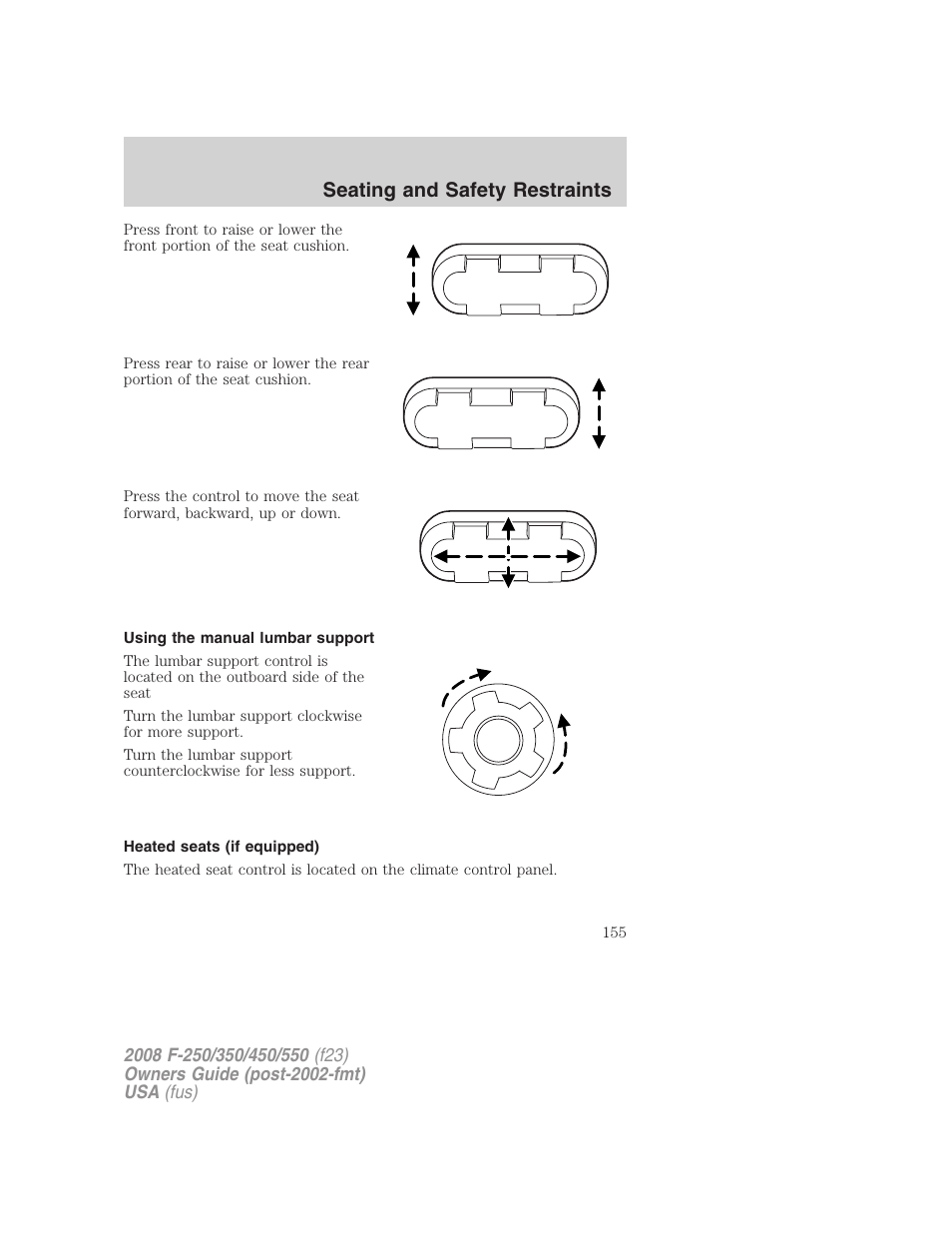 Using the manual lumbar support, Heated seats (if equipped), Seating and safety restraints | FORD 2008 F-550 v.2 User Manual | Page 155 / 368