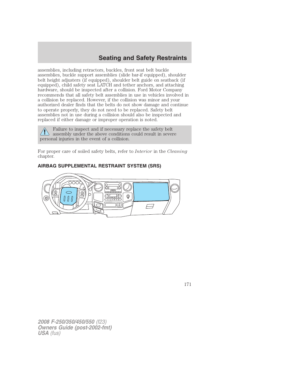 Airbag supplemental restraint system (srs), Airbags, Seating and safety restraints | FORD 2008 F-550 v.2 User Manual | Page 171 / 368