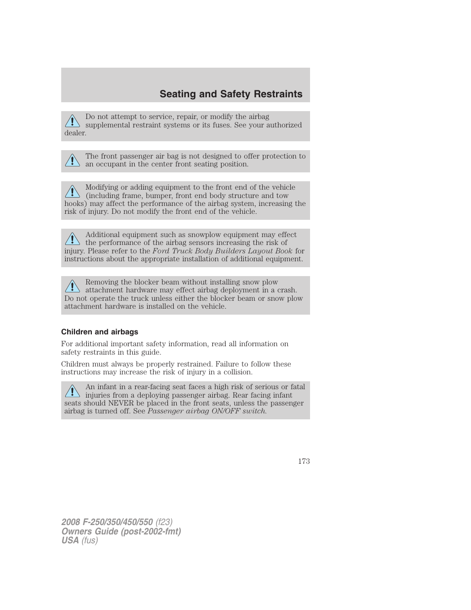 Children and airbags, Seating and safety restraints | FORD 2008 F-550 v.2 User Manual | Page 173 / 368