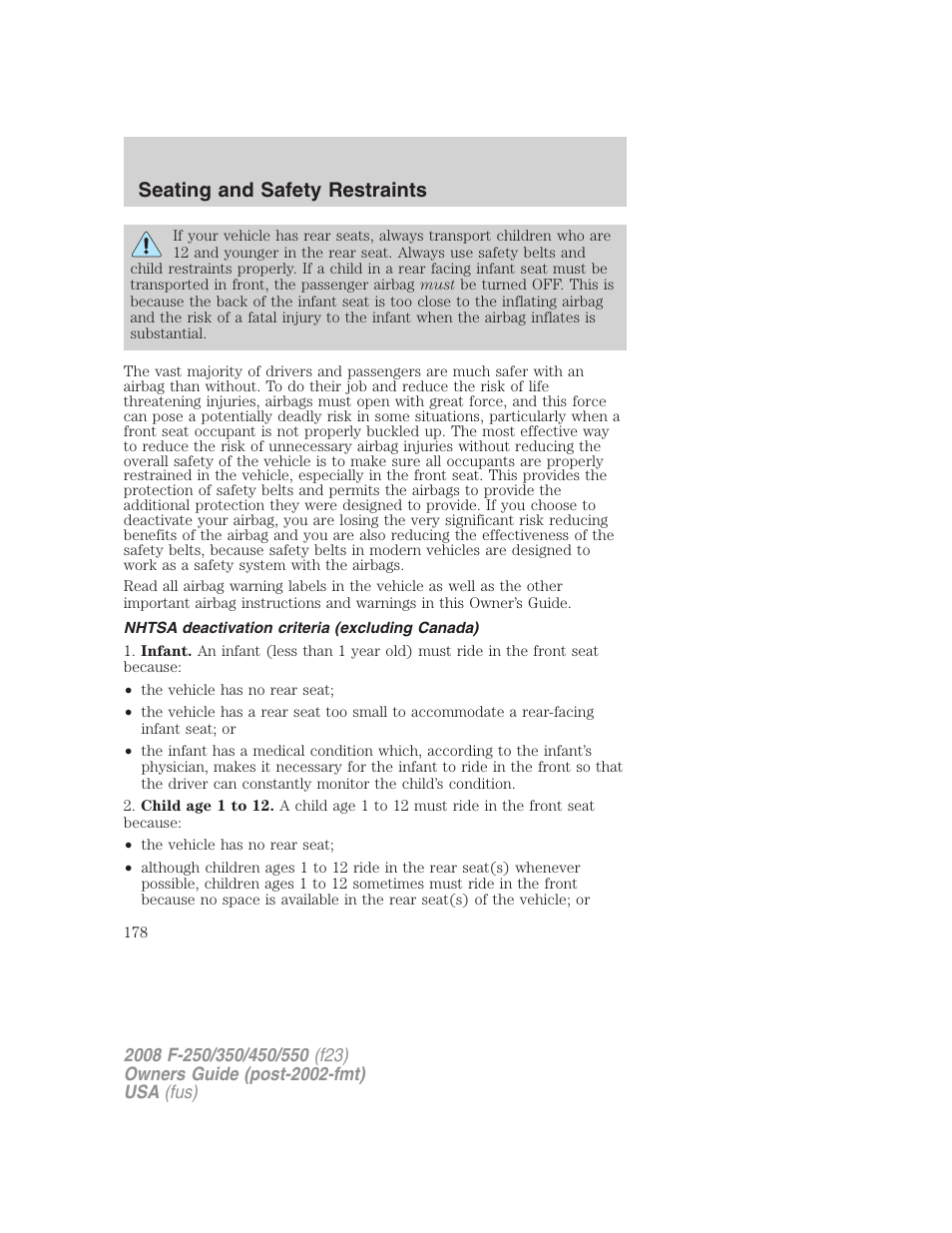 Nhtsa deactivation criteria (excluding canada), Seating and safety restraints | FORD 2008 F-550 v.2 User Manual | Page 178 / 368