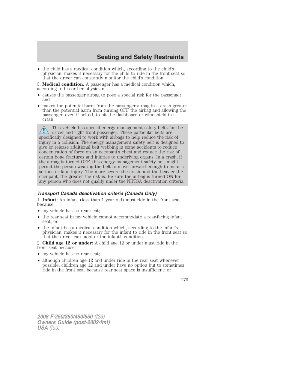Seating and safety restraints | FORD 2008 F-550 v.2 User Manual | Page 179 / 368