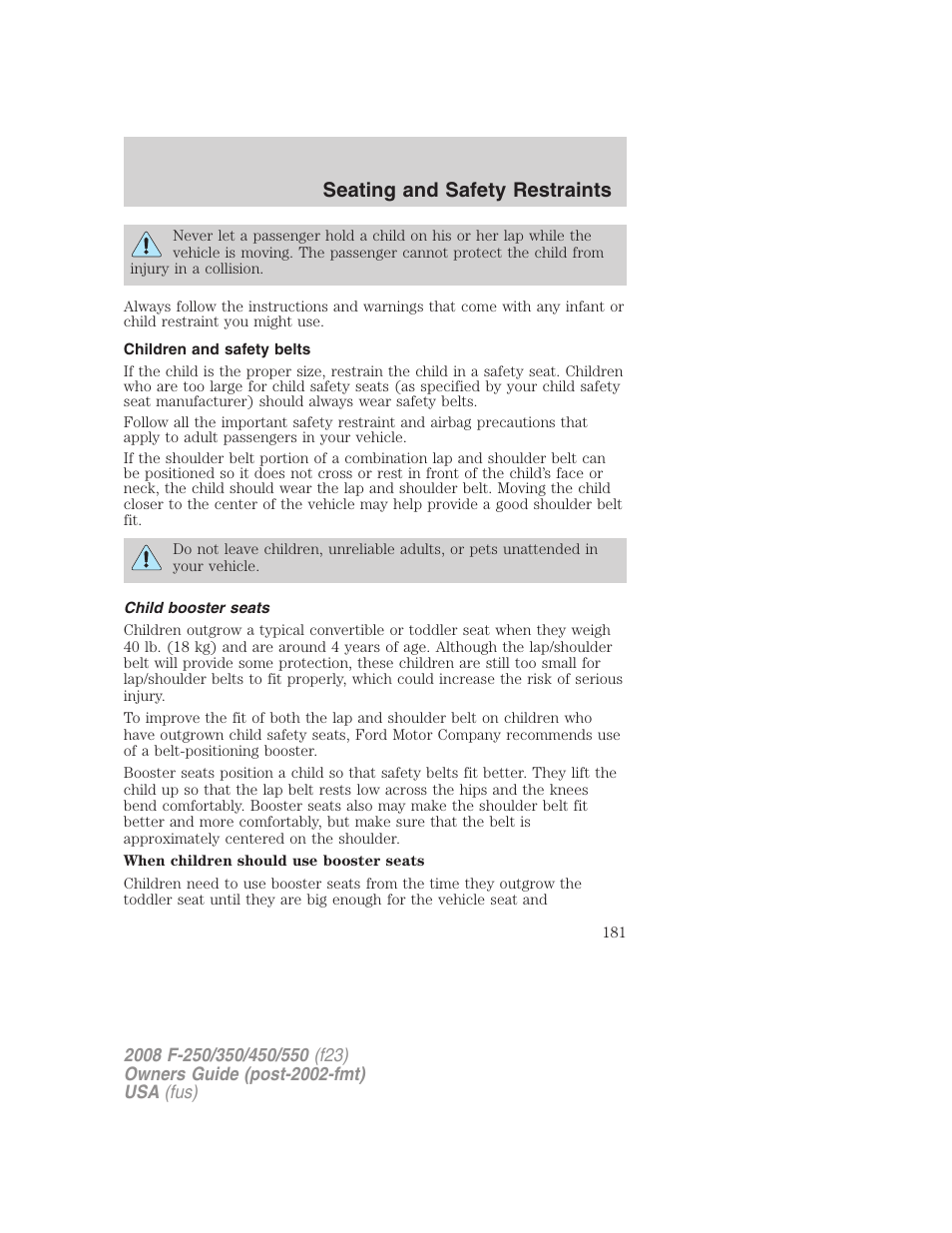 Children and safety belts, Child booster seats, Seating and safety restraints | FORD 2008 F-550 v.2 User Manual | Page 181 / 368