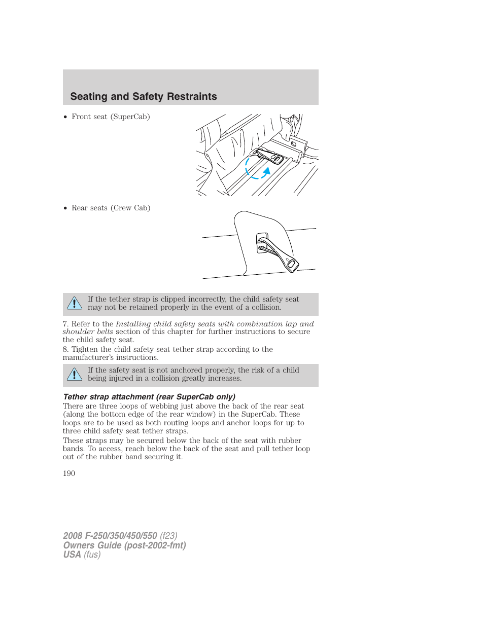 Tether strap attachment (rear supercab only), Seating and safety restraints | FORD 2008 F-550 v.2 User Manual | Page 190 / 368