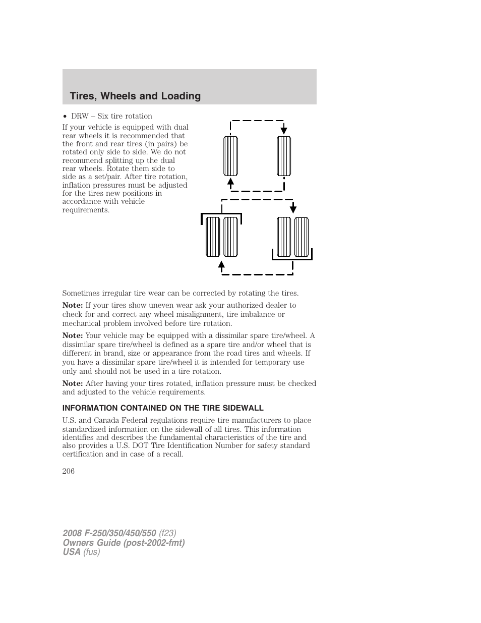 Information contained on the tire sidewall, Tires, wheels and loading | FORD 2008 F-550 v.2 User Manual | Page 206 / 368