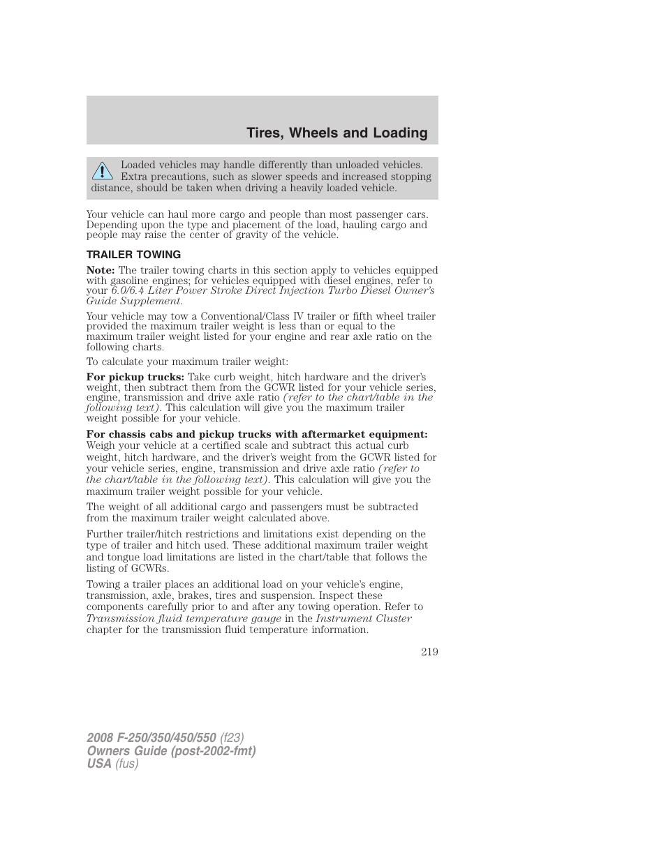Trailer towing, Tires, wheels and loading | FORD 2008 F-550 v.2 User Manual | Page 219 / 368