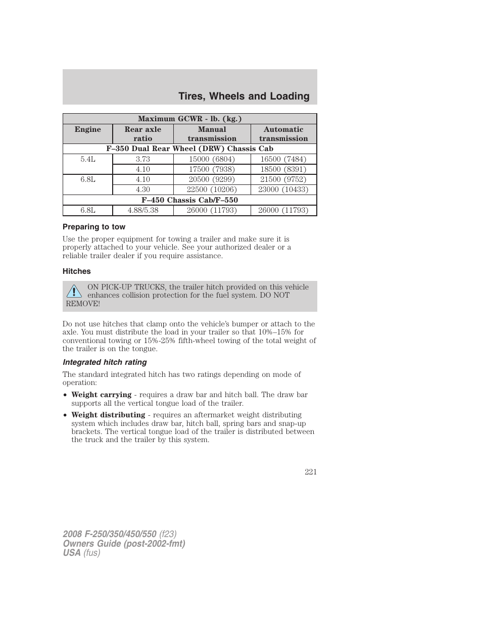 Preparing to tow, Hitches, Integrated hitch rating | Tires, wheels and loading | FORD 2008 F-550 v.2 User Manual | Page 221 / 368