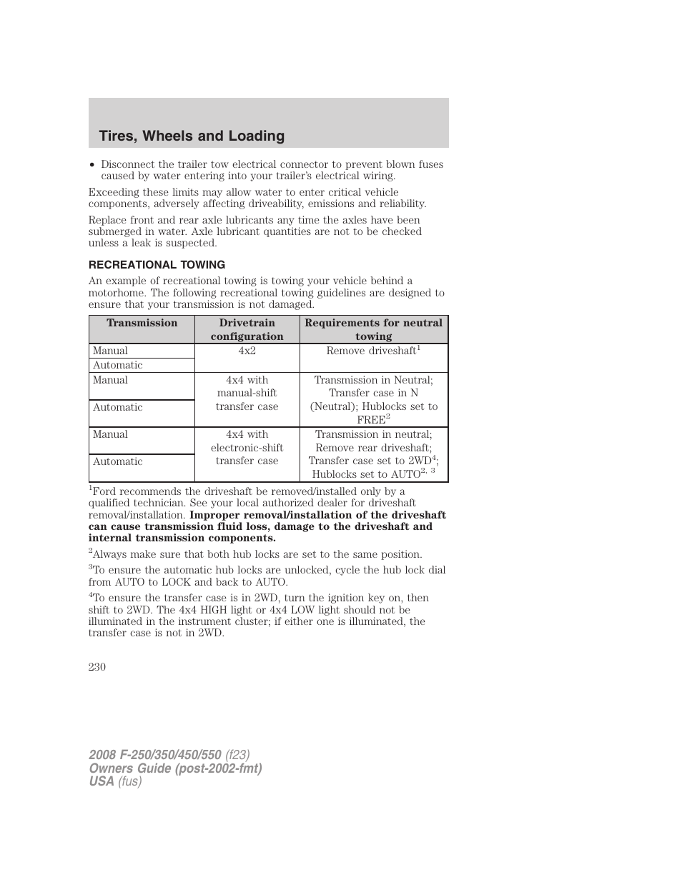 Recreational towing, Tires, wheels and loading | FORD 2008 F-550 v.2 User Manual | Page 230 / 368