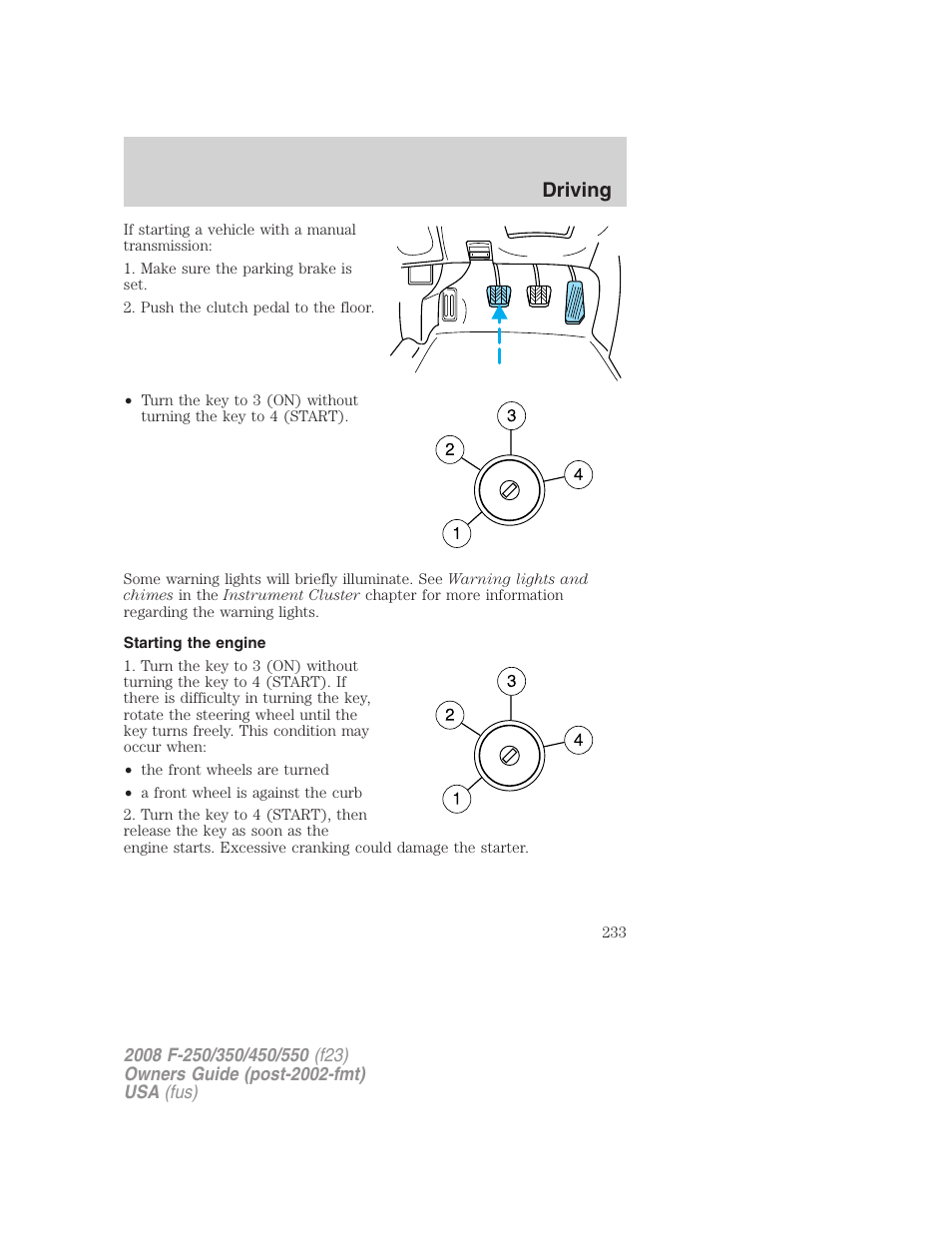 Starting the engine, Driving | FORD 2008 F-550 v.2 User Manual | Page 233 / 368