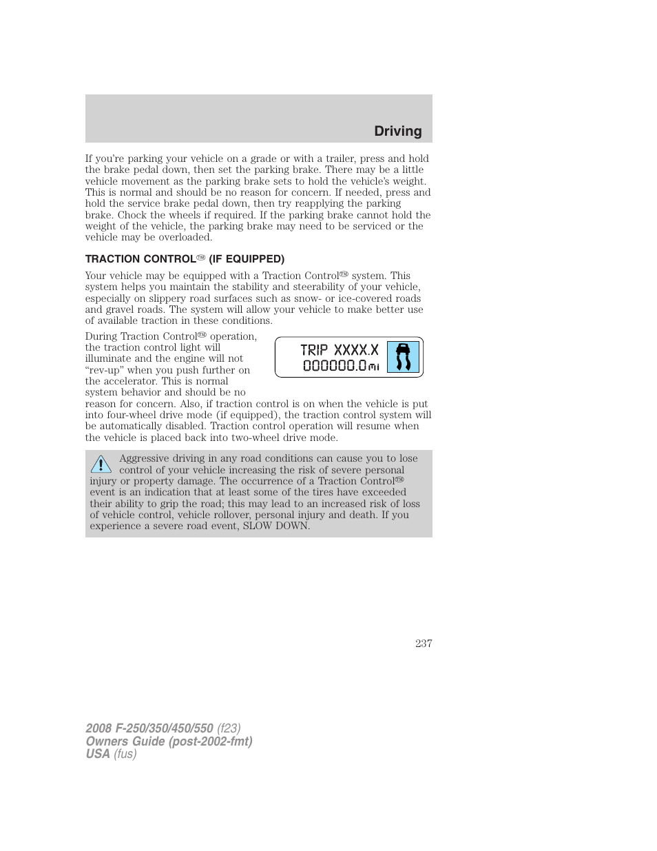 Traction control (if equipped), Traction control, Driving | FORD 2008 F-550 v.2 User Manual | Page 237 / 368