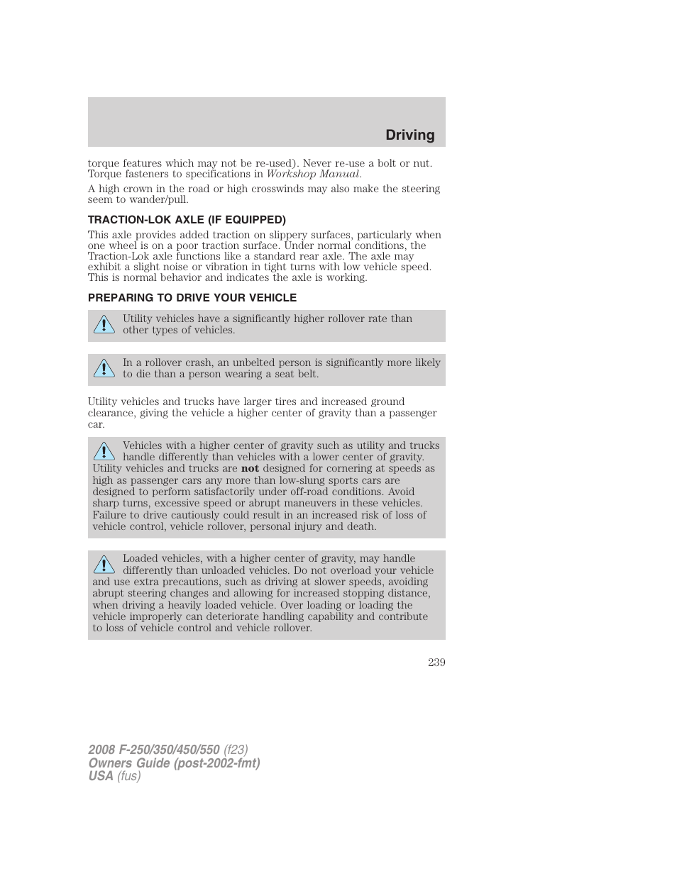 Traction-lok axle (if equipped), Preparing to drive your vehicle, Driving | FORD 2008 F-550 v.2 User Manual | Page 239 / 368