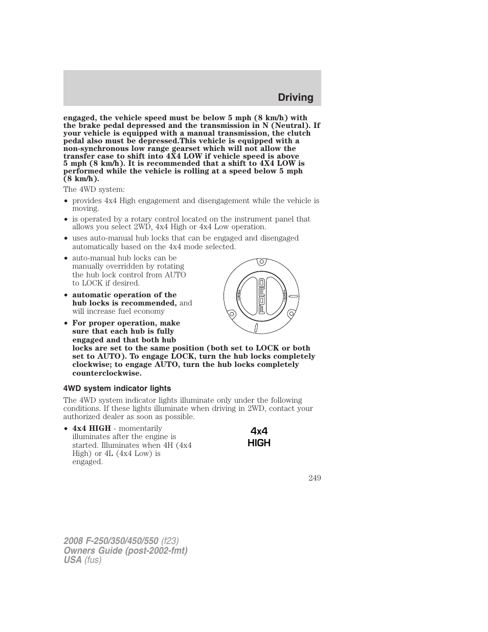 4wd system indicator lights, Driving | FORD 2008 F-550 v.2 User Manual | Page 249 / 368