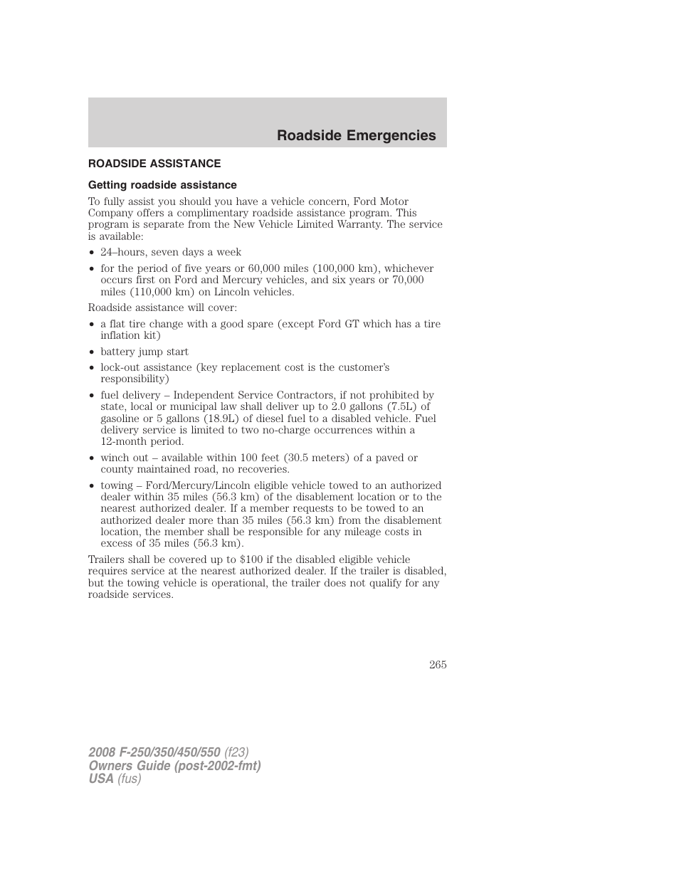 Roadside emergencies, Roadside assistance, Getting roadside assistance | FORD 2008 F-550 v.2 User Manual | Page 265 / 368