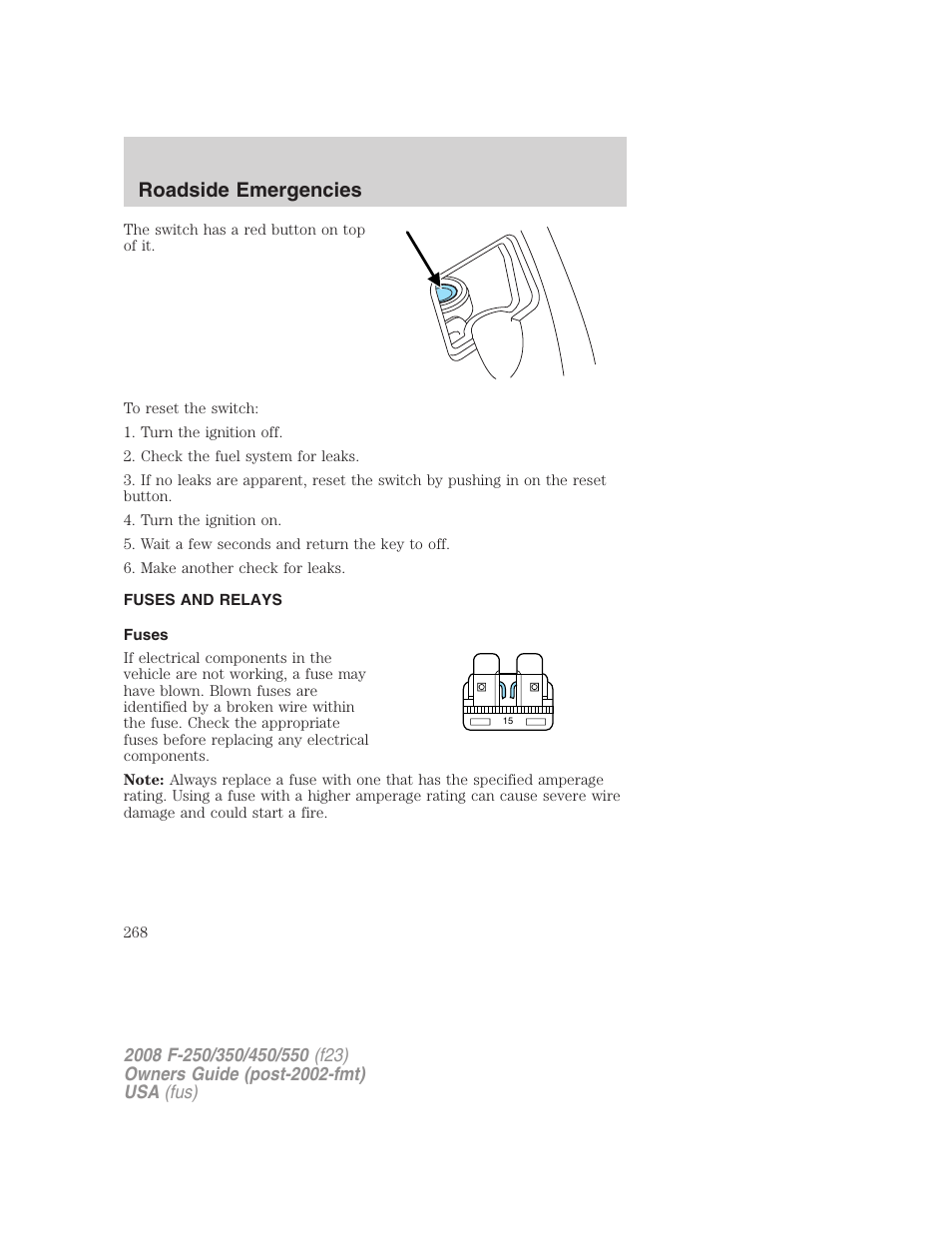Fuses and relays, Fuses, Roadside emergencies | FORD 2008 F-550 v.2 User Manual | Page 268 / 368