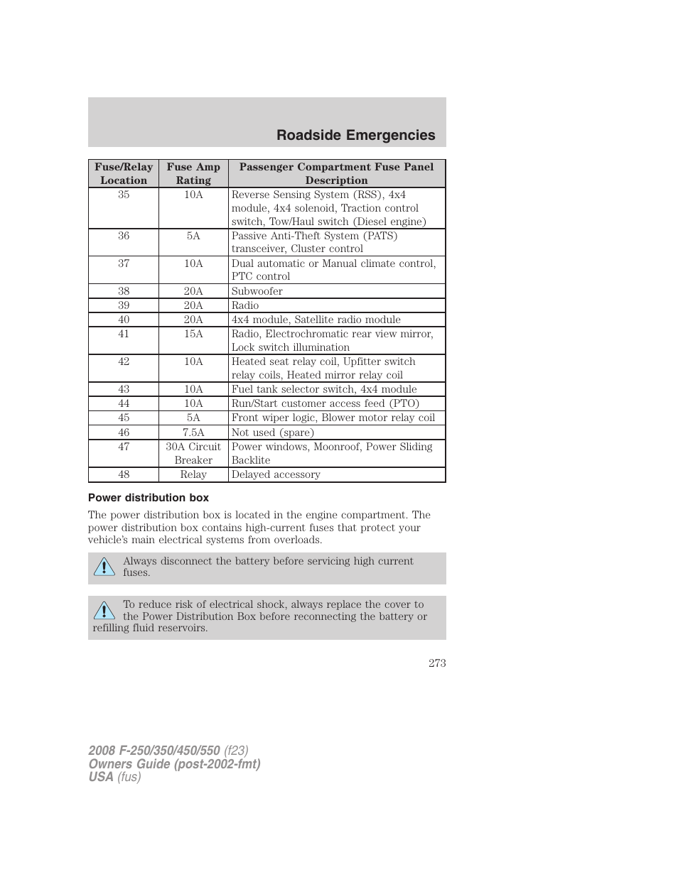 Power distribution box, Roadside emergencies | FORD 2008 F-550 v.2 User Manual | Page 273 / 368