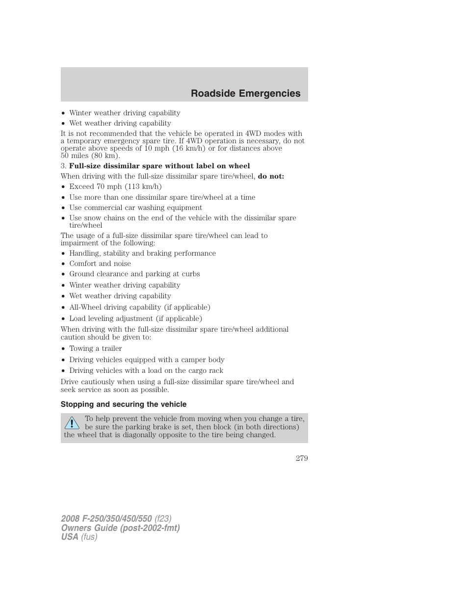 Stopping and securing the vehicle, Roadside emergencies | FORD 2008 F-550 v.2 User Manual | Page 279 / 368