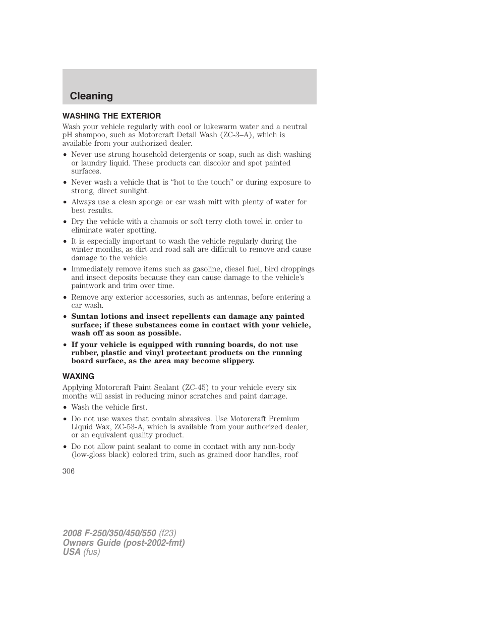 Cleaning, Washing the exterior, Waxing | FORD 2008 F-550 v.2 User Manual | Page 306 / 368