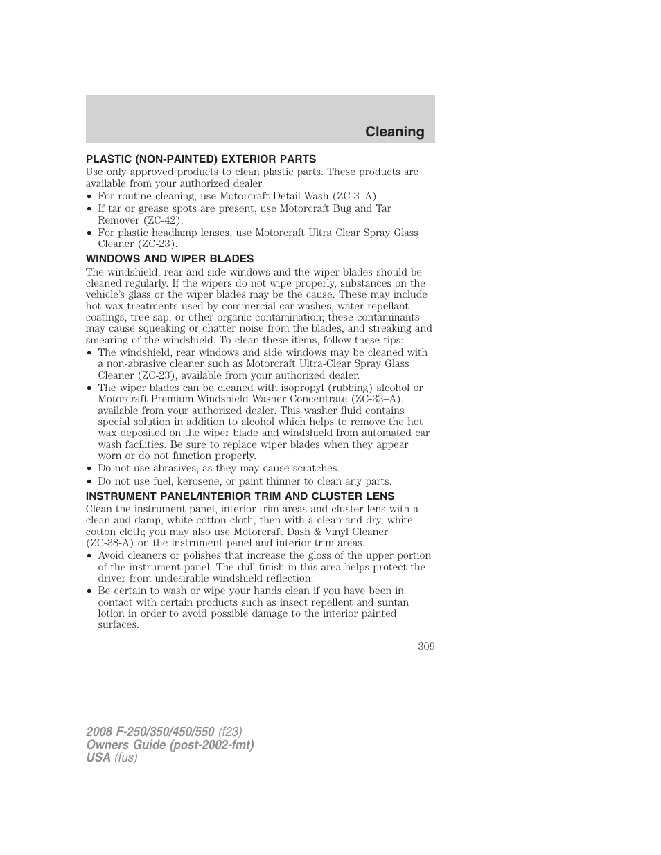 Plastic (non-painted) exterior parts, Windows and wiper blades, Instrument panel/interior trim and cluster lens | Cleaning | FORD 2008 F-550 v.2 User Manual | Page 309 / 368