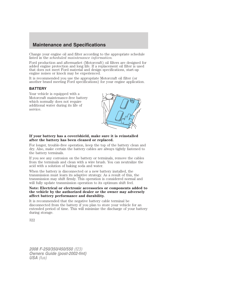 Battery, Maintenance and specifications | FORD 2008 F-550 v.2 User Manual | Page 322 / 368